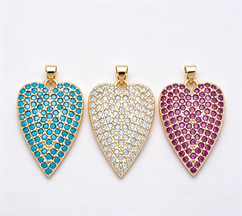 16K Gold Filled 32mm Clear, Fuchsia, and Turquoise Micro Paved CZ Elongated Heart Pendant | Charms-01774 - Charms-01776