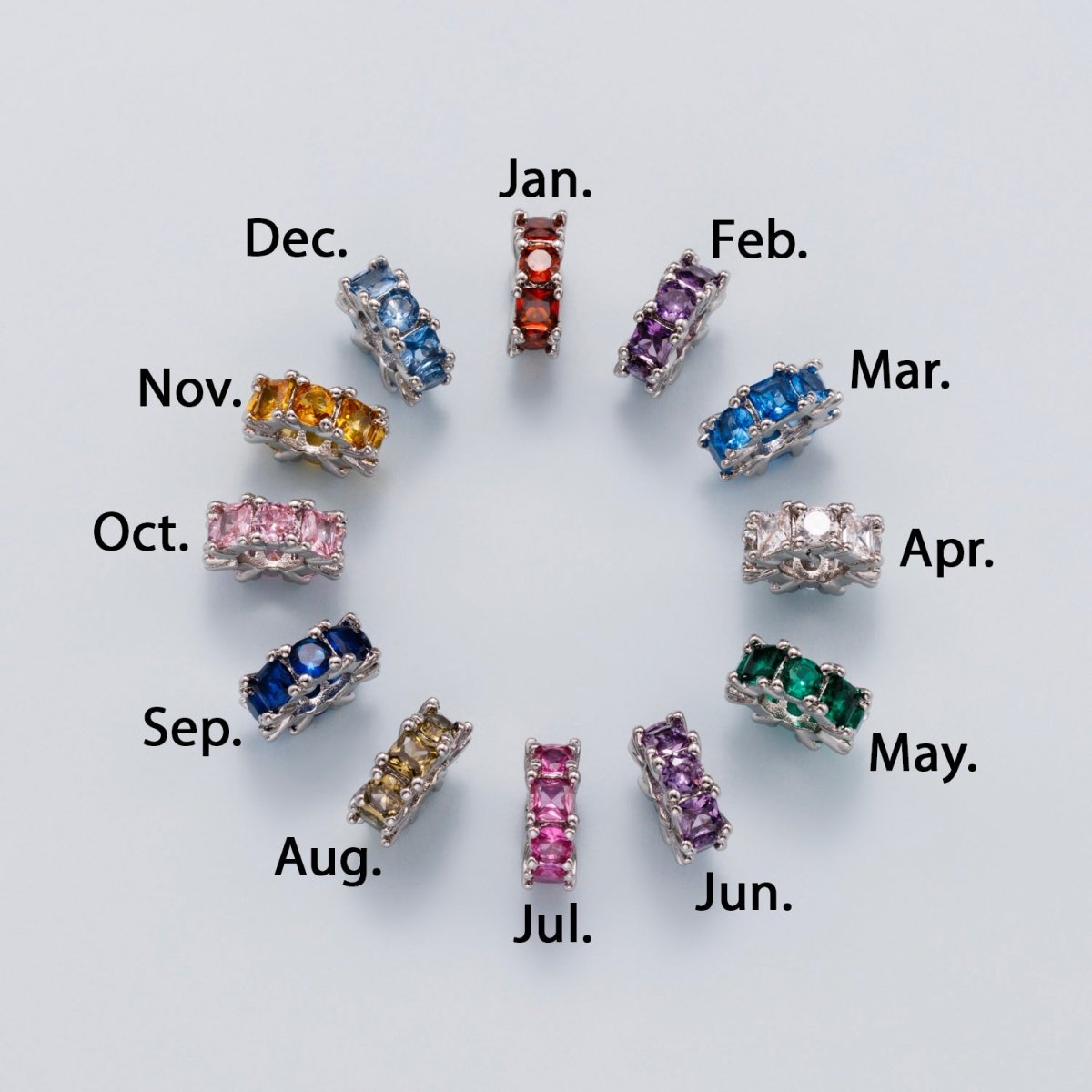 10mm Personalized Baguette Birthstone CZ Rondelle Spacer Set | Beads - 00077 ~ Beads - 00088 - DLUXCA
