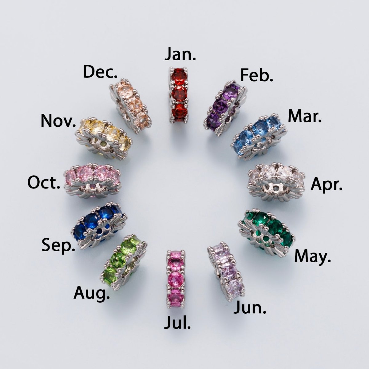 11mm Birthstone Micro Paved CZ Personalized Rondelle Spacer Set | Beads - 00052 ~ Beads - 00063 - DLUXCA