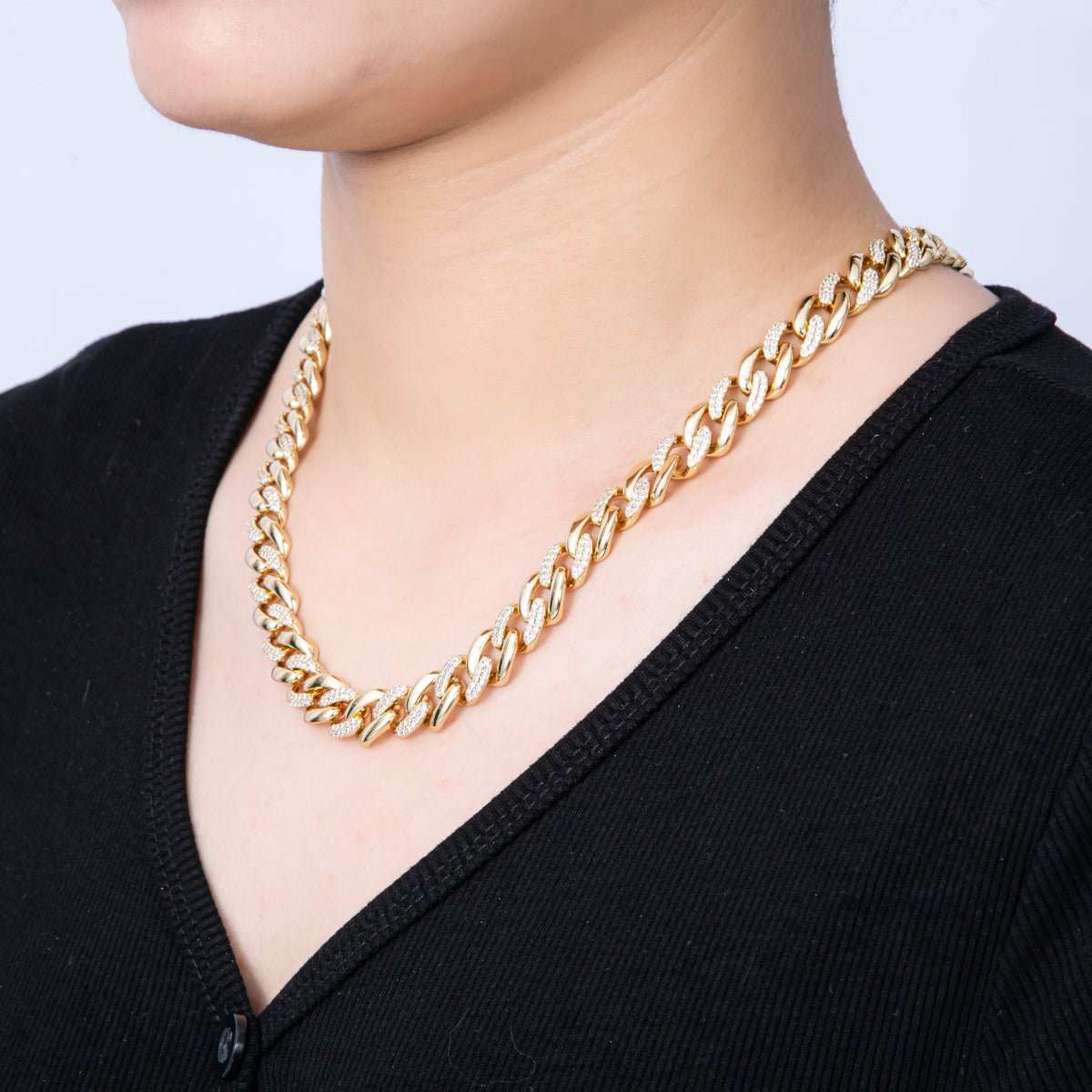 14K Gold Filled 10mm Clear Micro Paved CZ Curb Chain 19.5 Inch Adjustable Necklace | WA - 4096 - DLUXCA