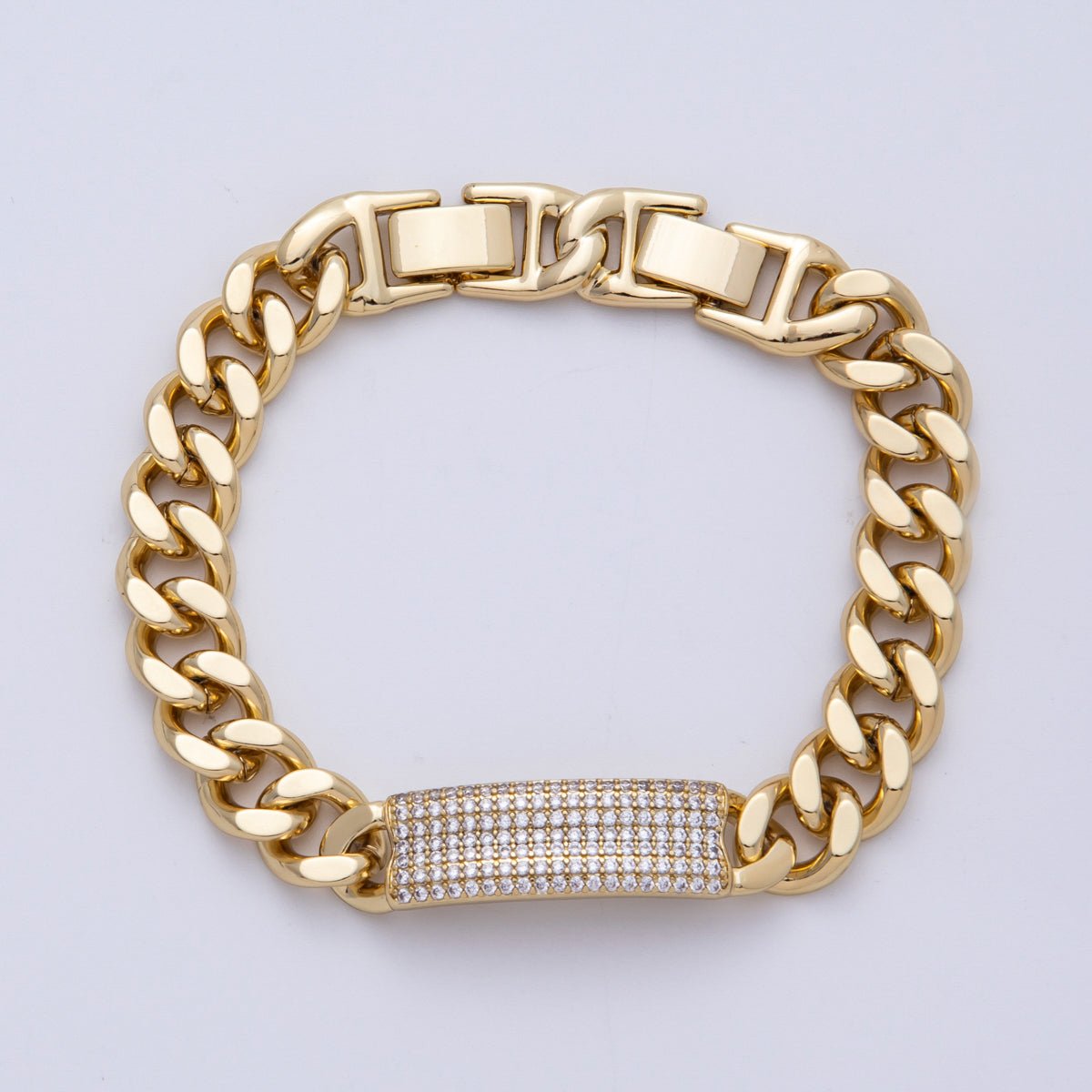 14K Gold Filled 10mm Micro Paved CZ Bar Curb Chain 8 Inch Bracelet | WA - 04099 - DLUXCA