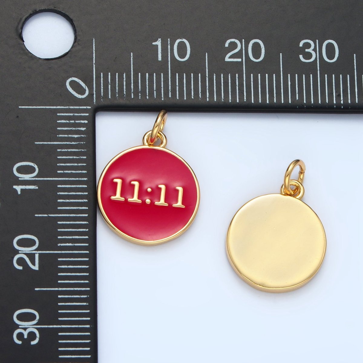 14K Gold Filled "11:11" Angel Number Clock Red Enamel Round Charm | AG940 - DLUXCA