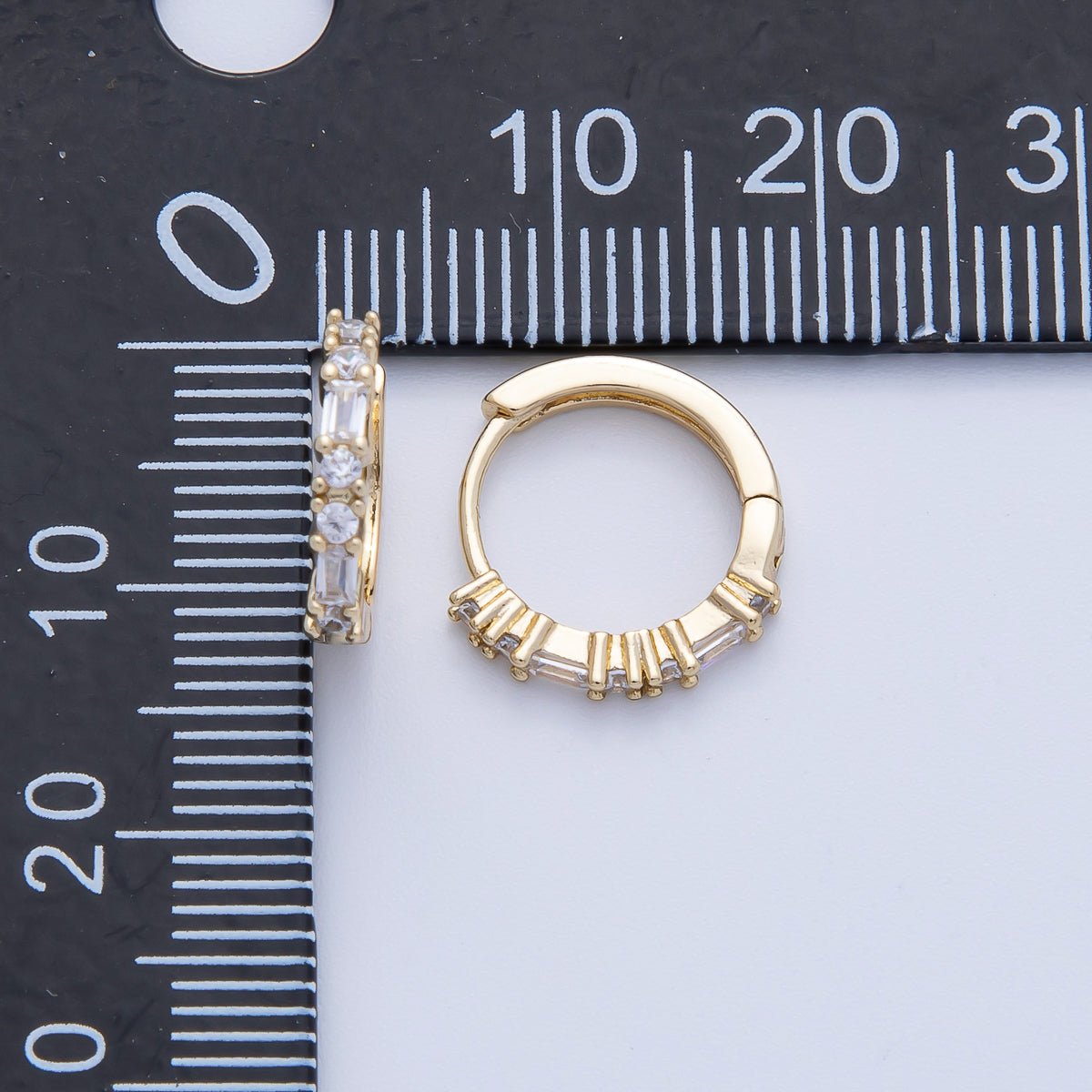 14K Gold Filled 12.5mm Clear CZ Round Baguette Cartilage Huggie Earrings | Earrings - 00096 - DLUXCA