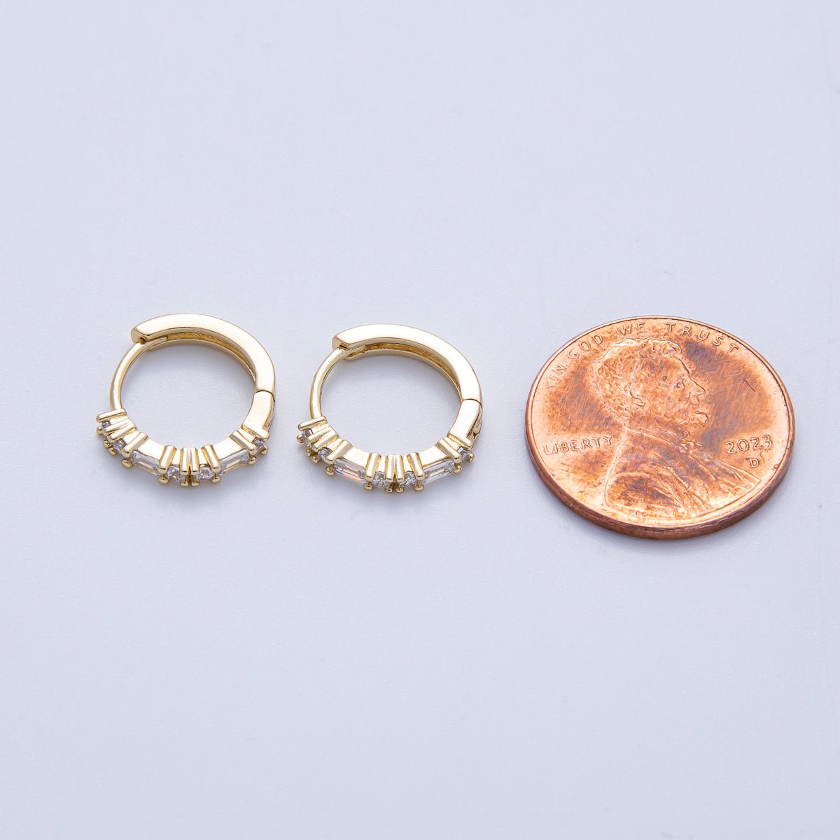 14K Gold Filled 12.5mm Clear CZ Round Baguette Cartilage Huggie Earrings | Earrings - 00096 - DLUXCA