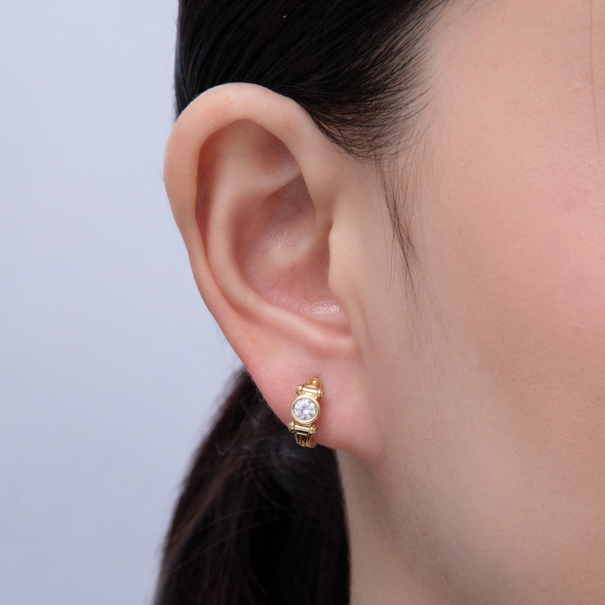 14K Gold Filled 12.5mm Clear CZ Round Bezel Geometric Huggie Earrings | Earrings - 00103 - DLUXCA