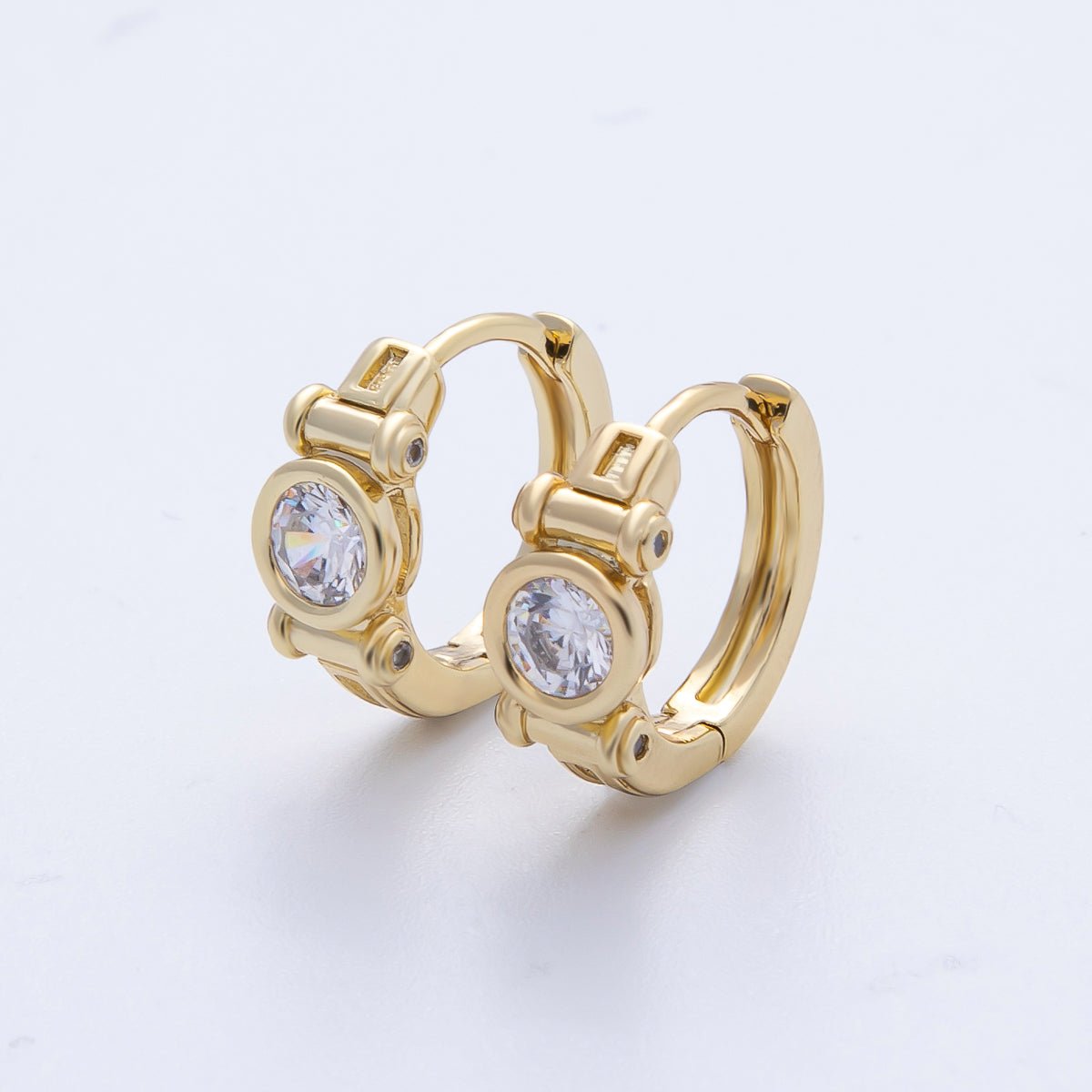 14K Gold Filled 12.5mm Clear CZ Round Bezel Geometric Huggie Earrings | Earrings - 00103 - DLUXCA