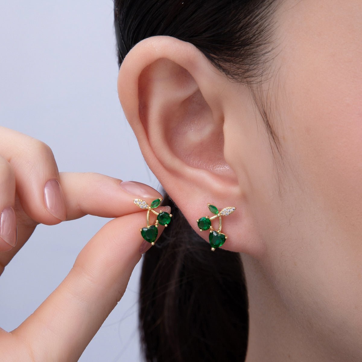 14K Gold Filled 12.5mm Red, Green CZ Cherry Fruit Stud Earrings | Earrings - 00025 Earrings - 00036 - DLUXCA