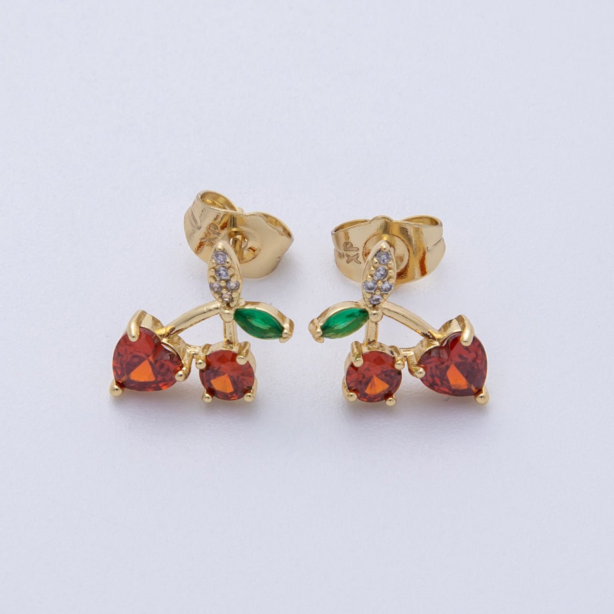14K Gold Filled 12.5mm Red, Green CZ Cherry Fruit Stud Earrings | Earrings - 00025 Earrings - 00036 - DLUXCA