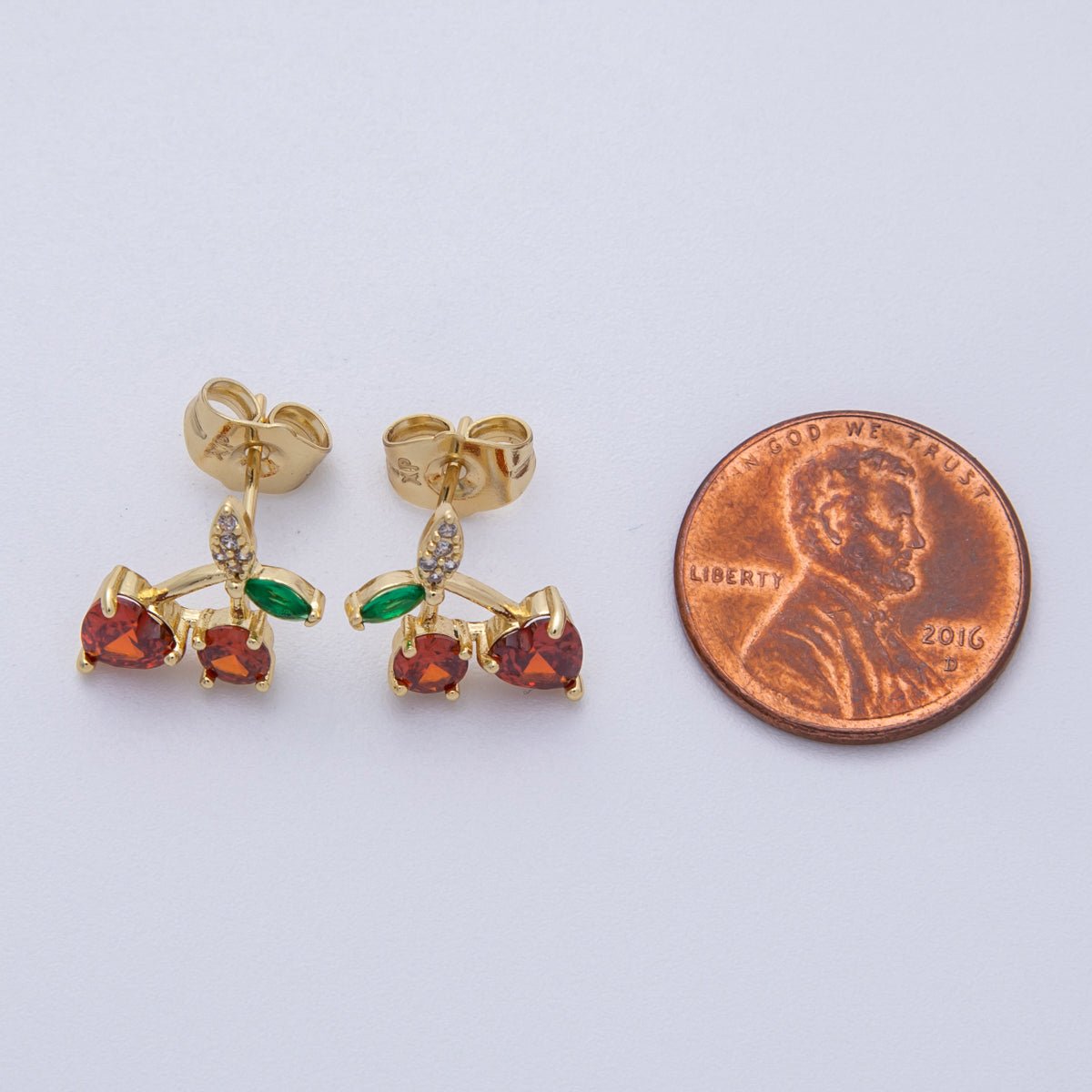 14K Gold Filled 12.5mm Red, Green CZ Cherry Fruit Stud Earrings | Earrings - 00025 Earrings - 00036 - DLUXCA