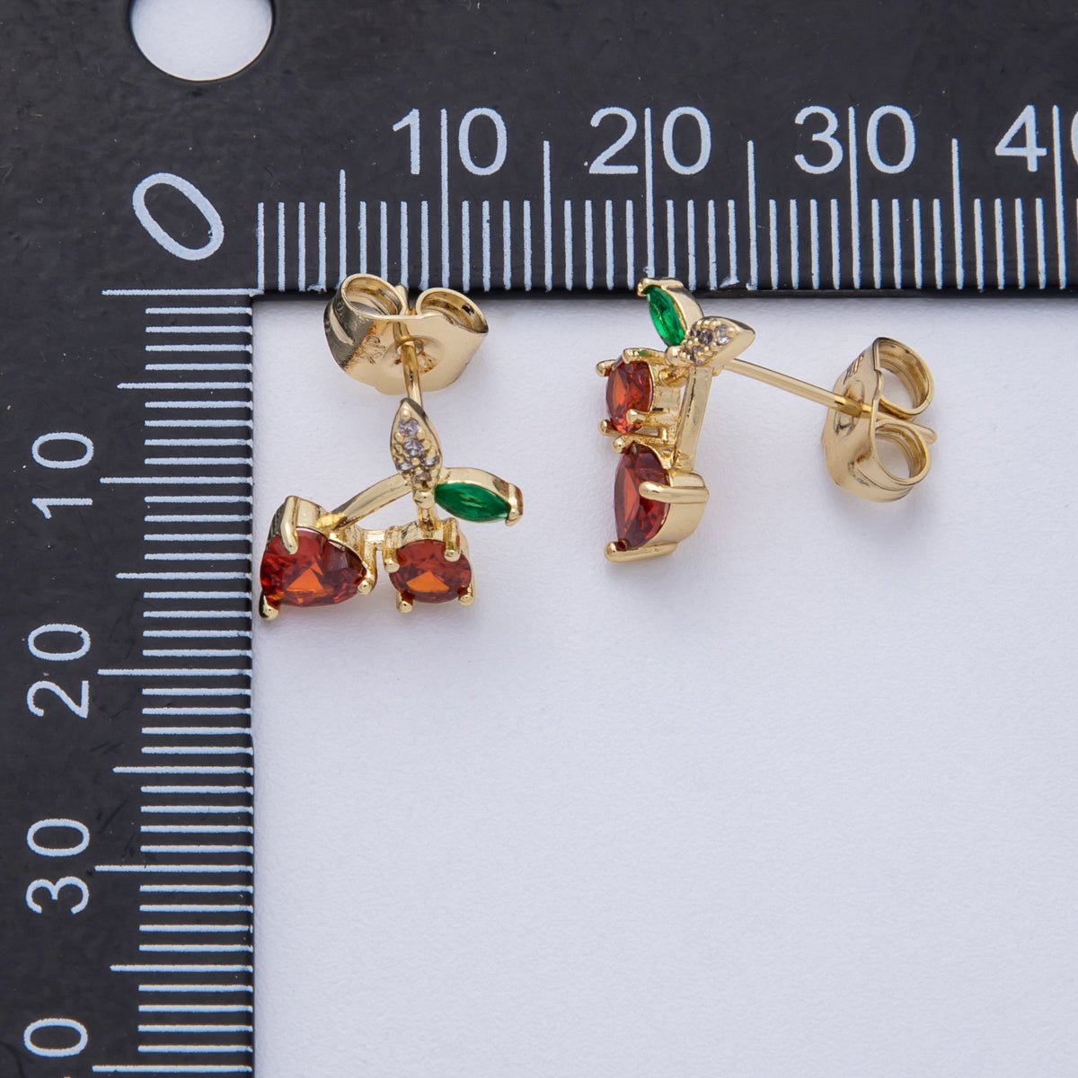 14K Gold Filled 12.5mm Red, Green CZ Cherry Fruit Stud Earrings | Earrings - 00025 Earrings - 00036 - DLUXCA