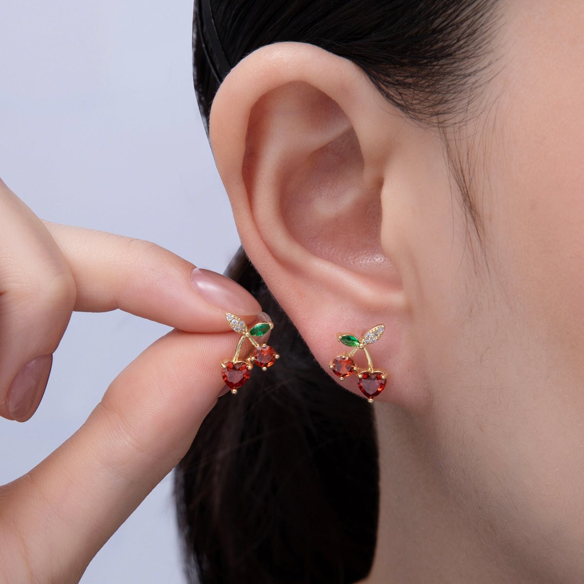 14K Gold Filled 12.5mm Red, Green CZ Cherry Fruit Stud Earrings | Earrings - 00025 Earrings - 00036 - DLUXCA