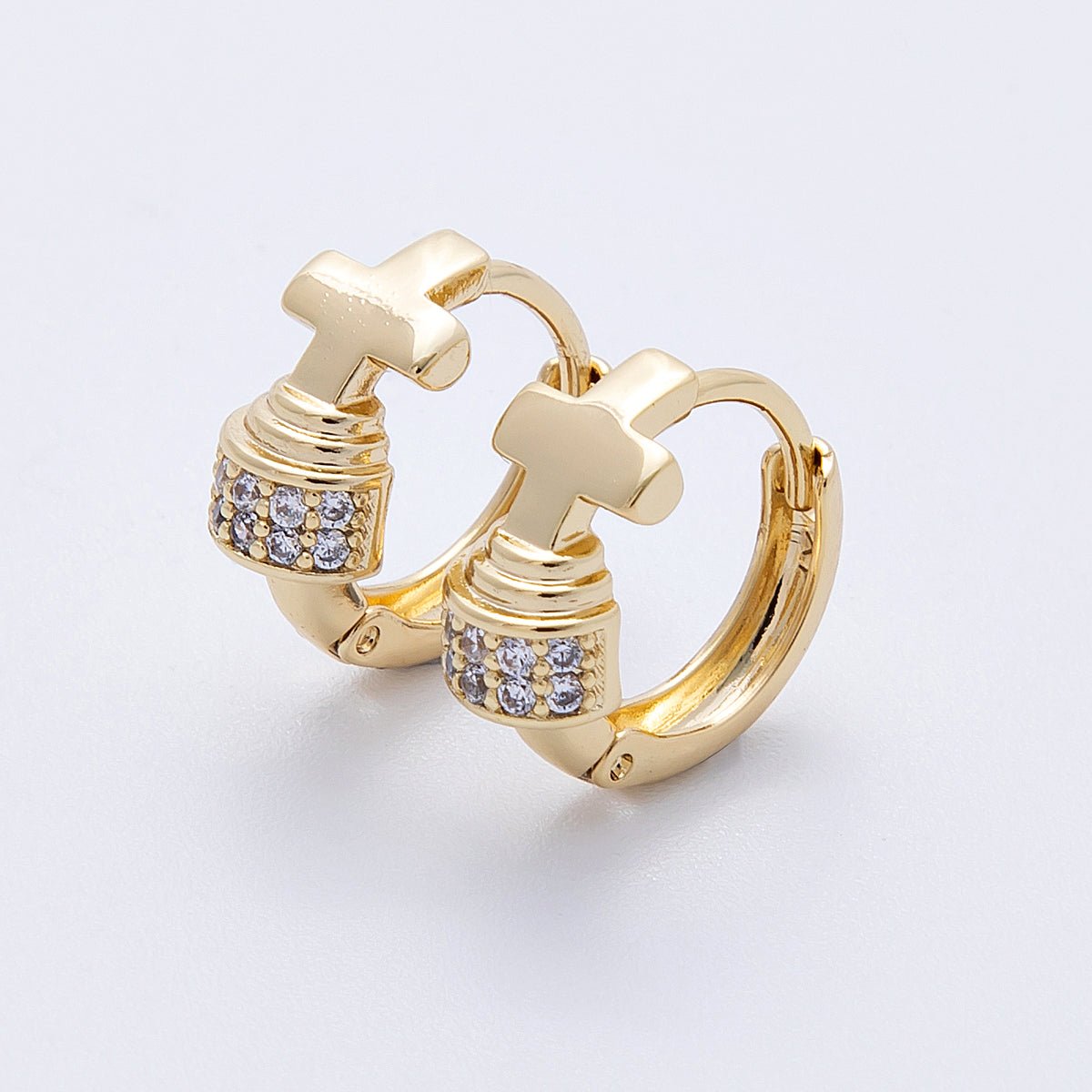 14K Gold Filled 13.5mm Micro Paved CZ Cross Religious Huggie | Earrings - 00180 - DLUXCA