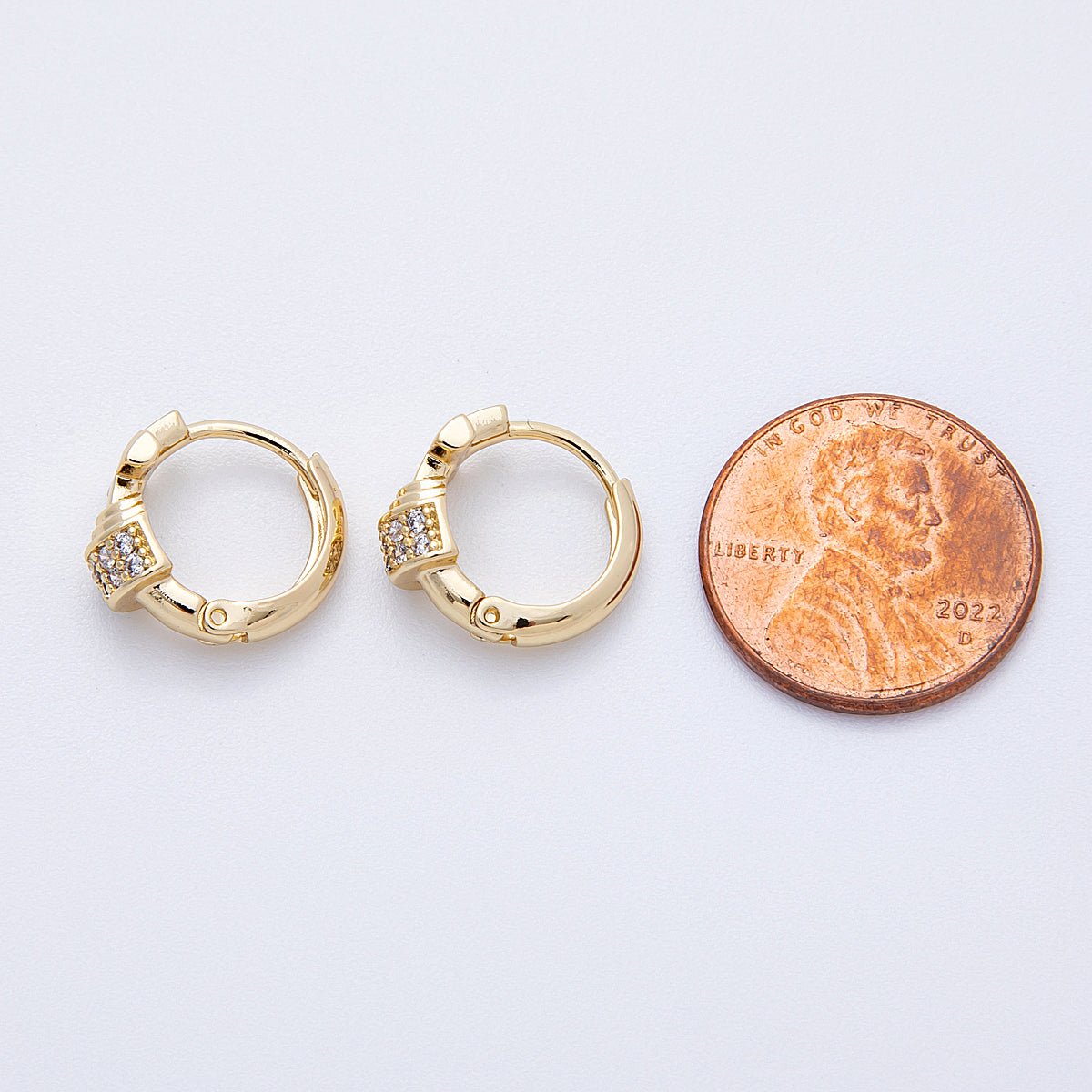 14K Gold Filled 13.5mm Micro Paved CZ Cross Religious Huggie | Earrings - 00180 - DLUXCA