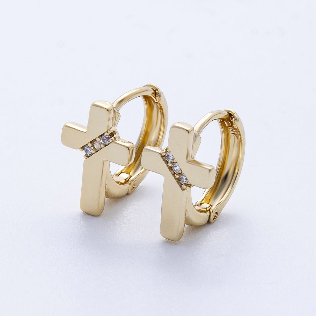 14K Gold Filled 13.5mm Micro Paved CZ Minimalist Cross Cartilage Huggie | Earrings - 00258 - DLUXCA