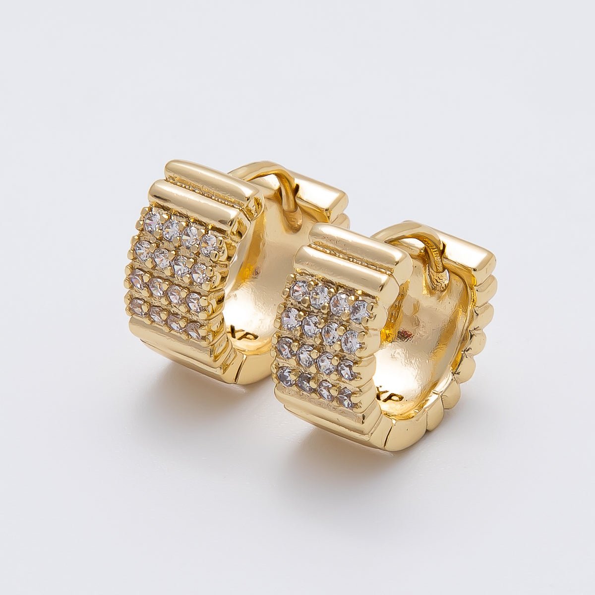 14K Gold Filled 13.5mm Micro Paved CZ Ribbed Rows Geometric Huggie | Earrings - 00263 - DLUXCA