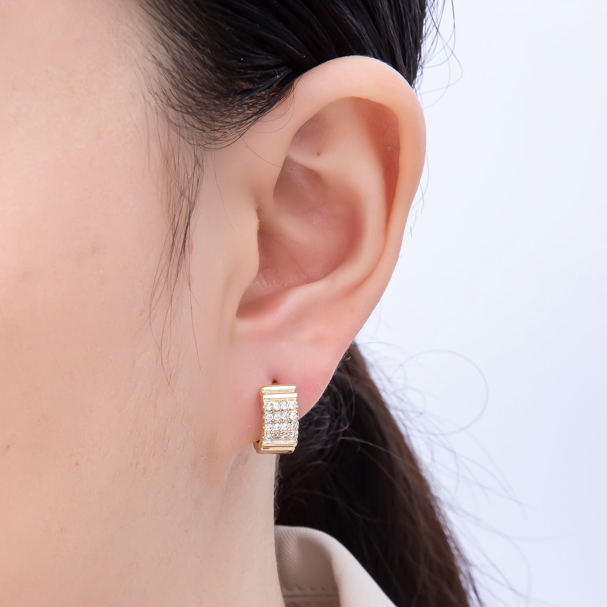14K Gold Filled 13.5mm Micro Paved CZ Ribbed Rows Geometric Huggie | Earrings - 00263 - DLUXCA