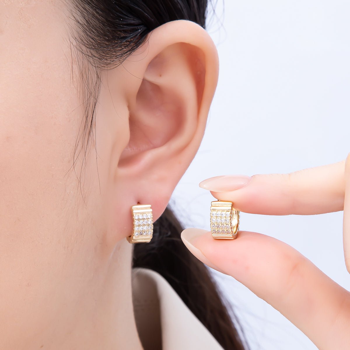 14K Gold Filled 13.5mm Micro Paved CZ Ribbed Rows Geometric Huggie | Earrings - 00263 - DLUXCA