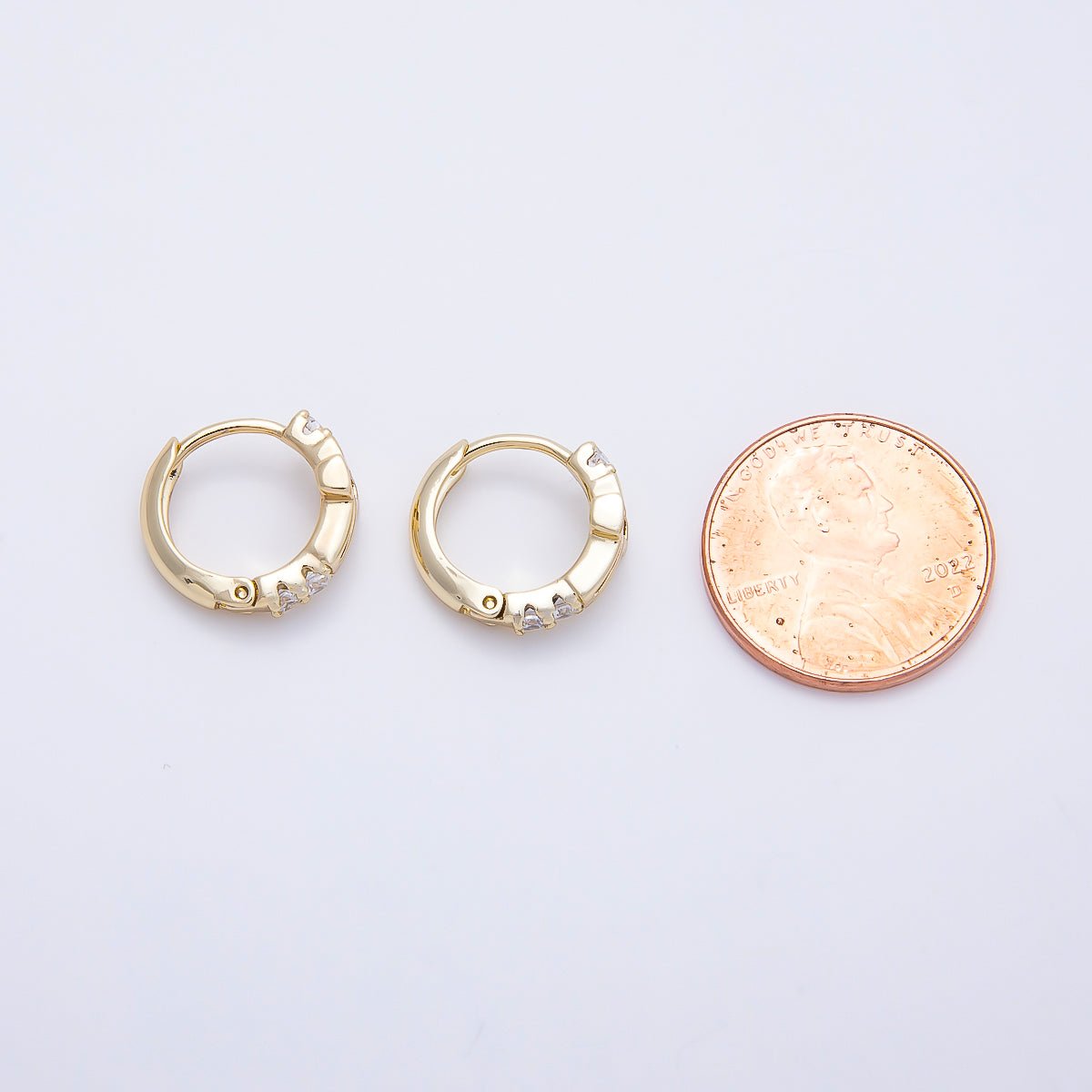 14K Gold Filled 13.5mm Open Cross Outline Micro Paved CZ Huggie Earrings | Earrings-00642 - DLUXCA