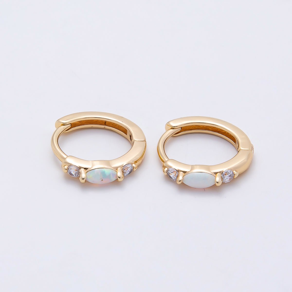 14K Gold Filled 13mm Clear CZ White Opal Cartilage Huggie | Earrings-00457 - DLUXCA
