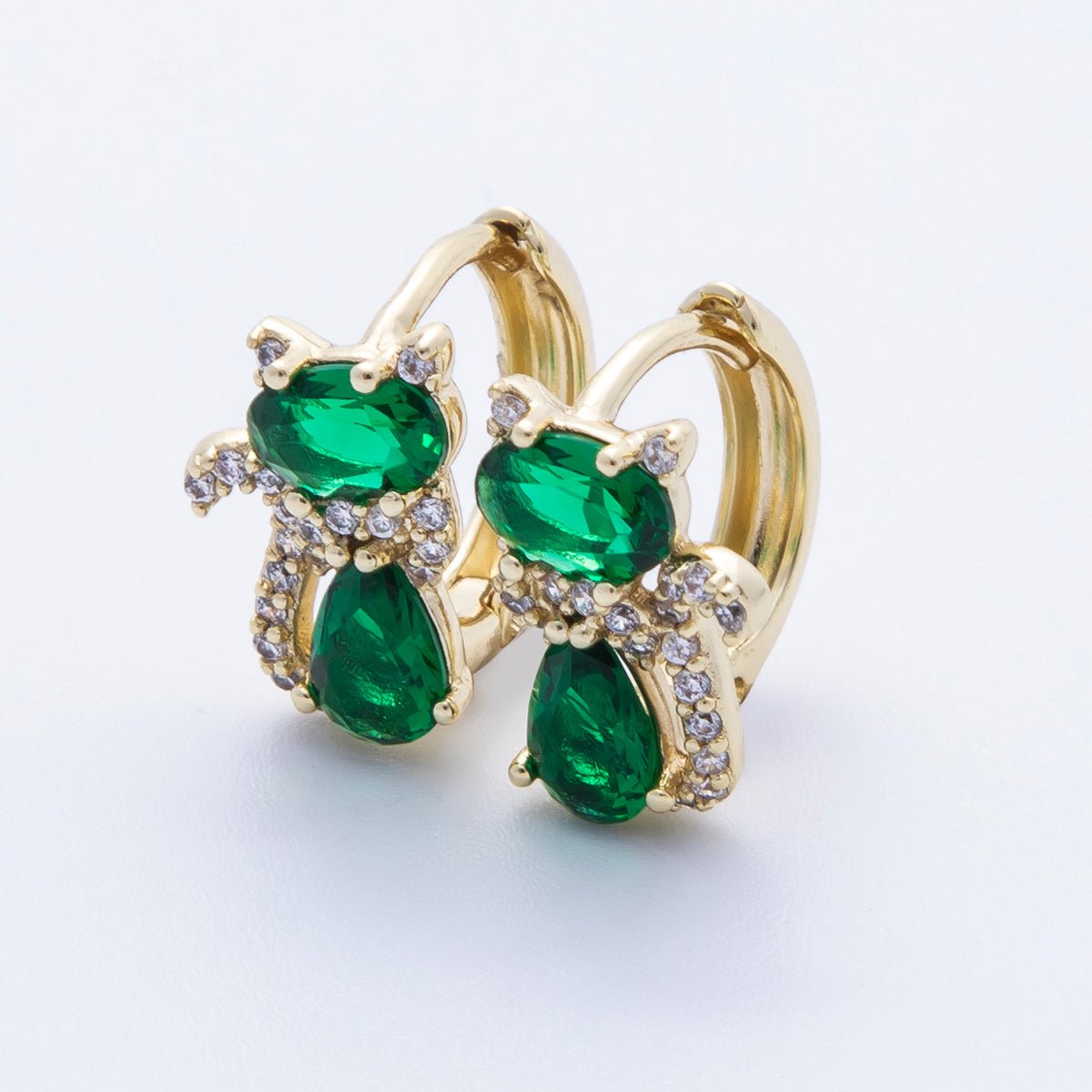 14K Gold Filled 13mm Clear, Green, Red CZ Micro Paved Cat Kitten Pet Huggie Set | Earrings - 00189 ~ Earrings - 00191 - DLUXCA