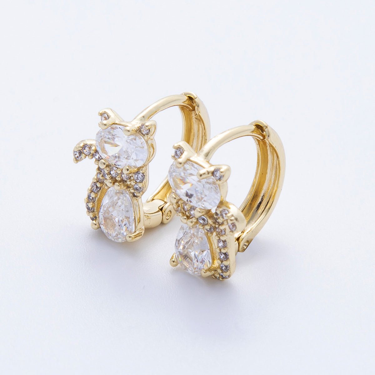 14K Gold Filled 13mm Clear, Green, Red CZ Micro Paved Cat Kitten Pet Huggie Set | Earrings - 00189 ~ Earrings - 00191 - DLUXCA