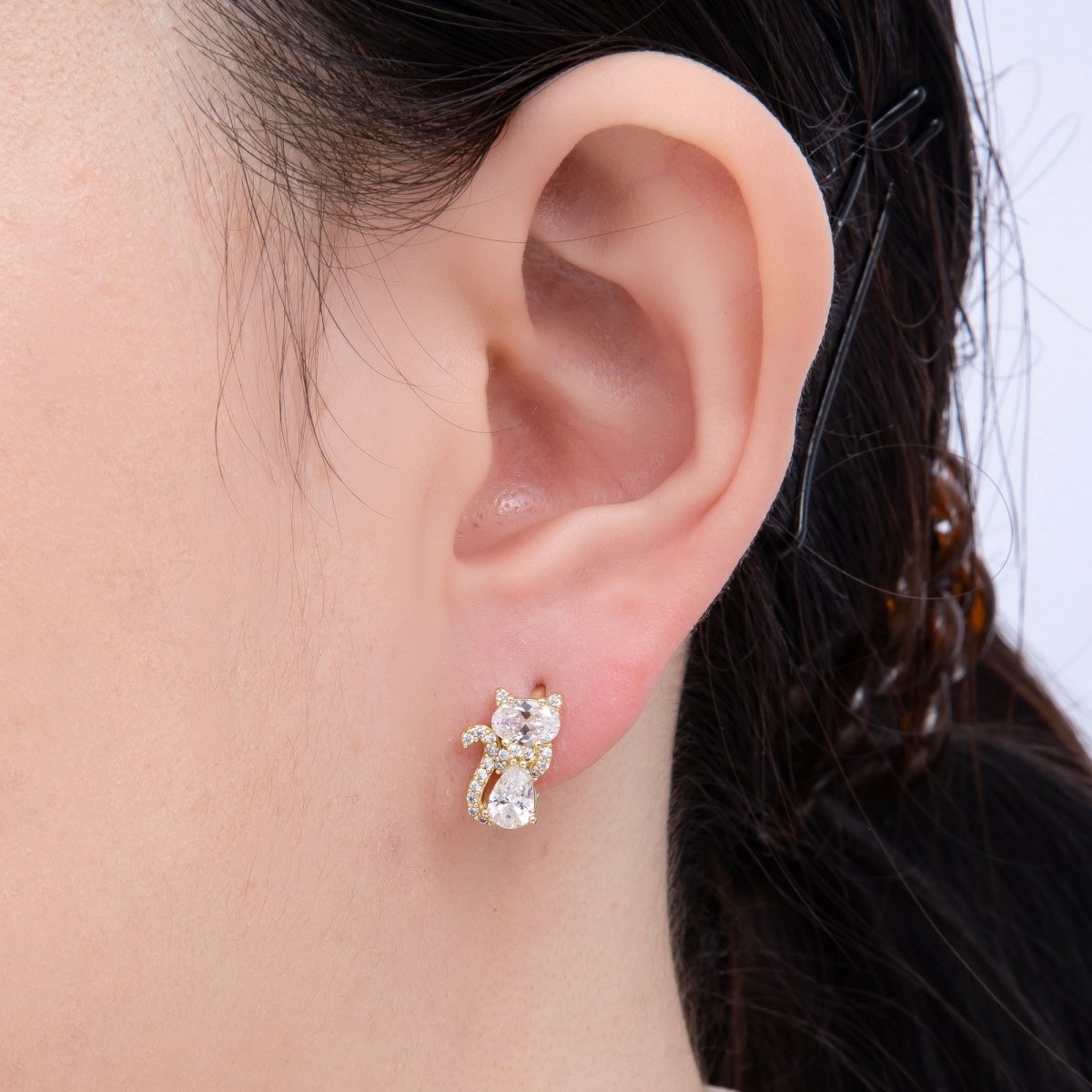 14K Gold Filled 13mm Clear, Green, Red CZ Micro Paved Cat Kitten Pet Huggie Set | Earrings - 00189 ~ Earrings - 00191 - DLUXCA