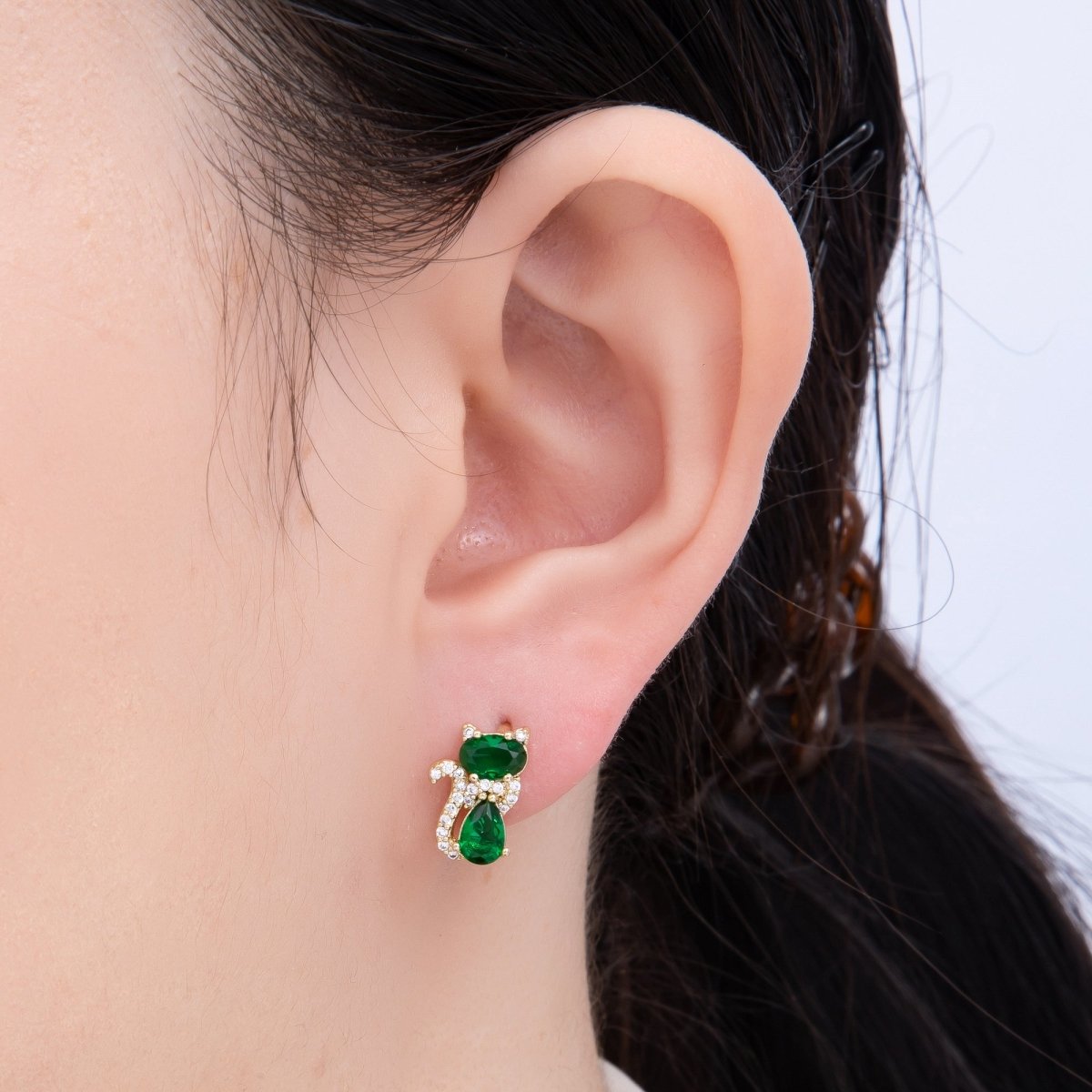 14K Gold Filled 13mm Clear, Green, Red CZ Micro Paved Cat Kitten Pet Huggie Set | Earrings - 00189 ~ Earrings - 00191 - DLUXCA