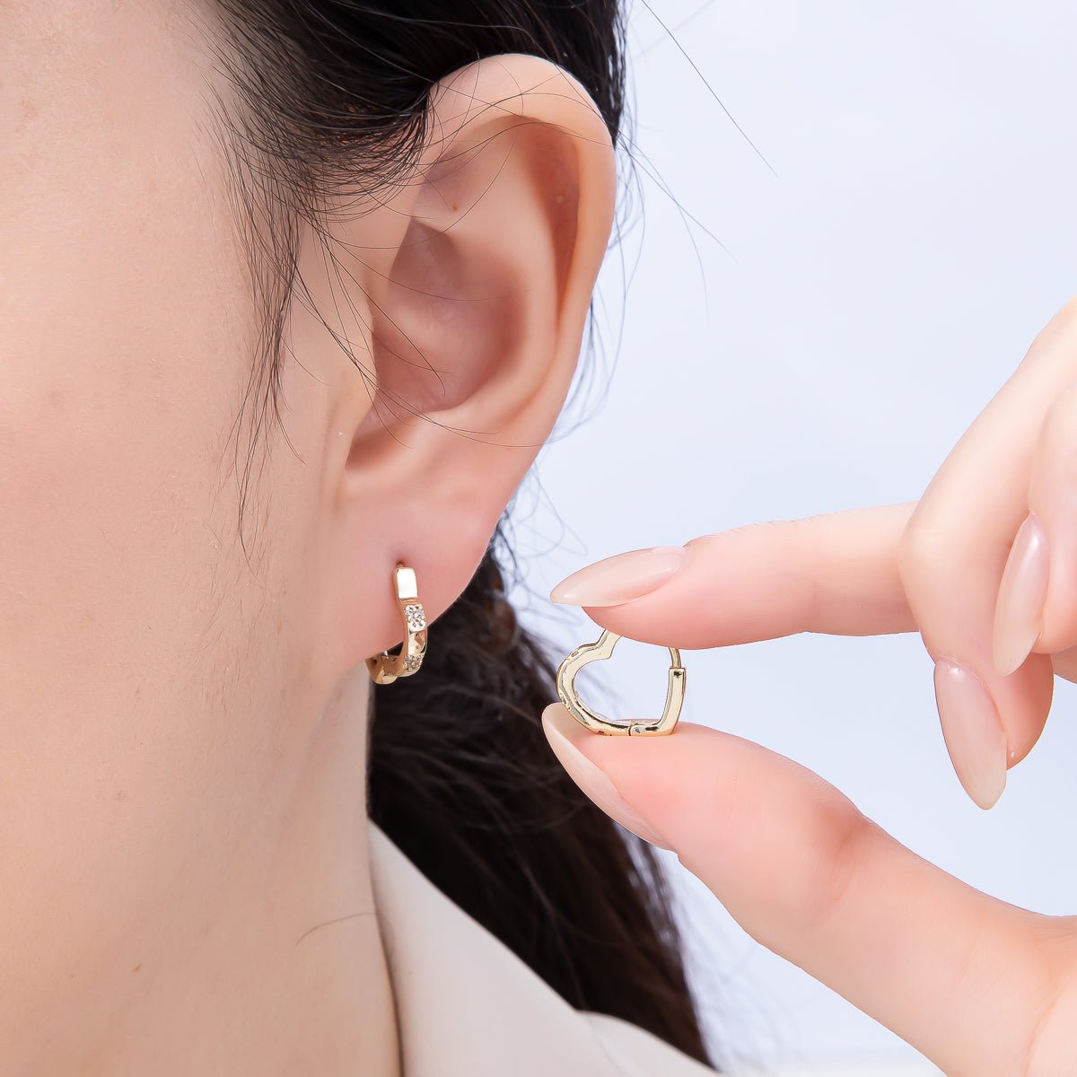 14K Gold Filled 13mm Micro Paved CZ Love Heart Huggie Earrings | Earrings - 00265 - DLUXCA