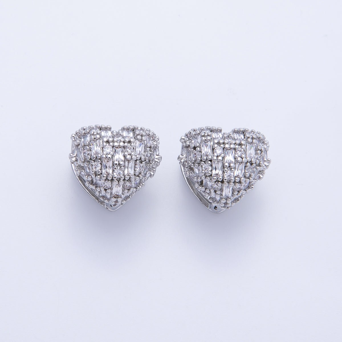 14K Gold Filled 14mm Clear CZ Baguette Heart Huggie Earring in Gold & Silver | Earr - 00019 Earr - 00020 - DLUXCA