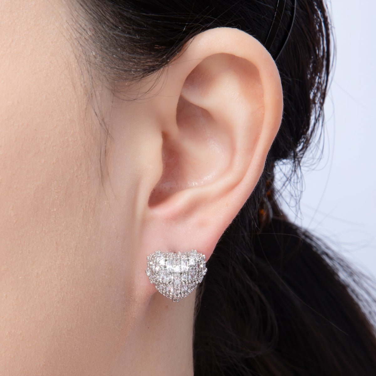14K Gold Filled 14mm Clear CZ Baguette Heart Huggie Earring in Gold & Silver | Earr - 00019 Earr - 00020 - DLUXCA