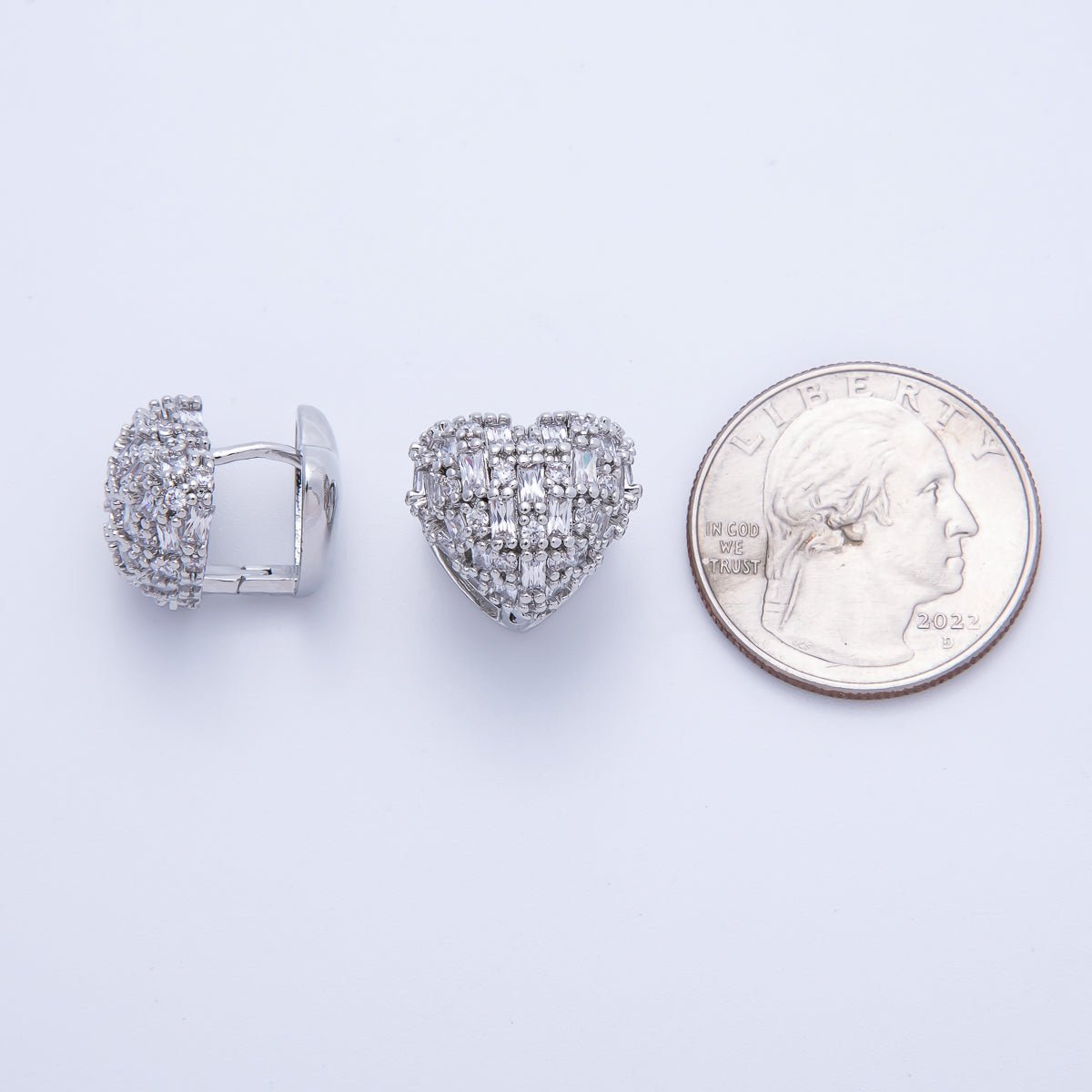 14K Gold Filled 14mm Clear CZ Baguette Heart Huggie Earring in Gold & Silver | Earr - 00019 Earr - 00020 - DLUXCA