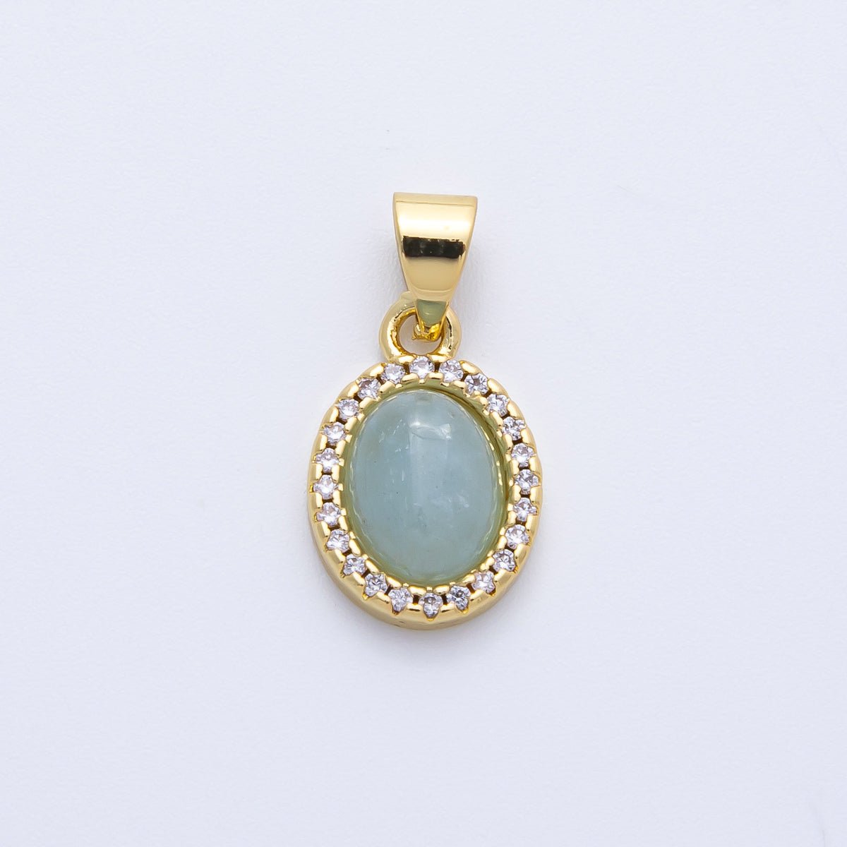 14K Gold Filled 14mm Micro Paved CZ Blue Aquamarine Cabochon Oval Pendant | Charms - 00322 - DLUXCA