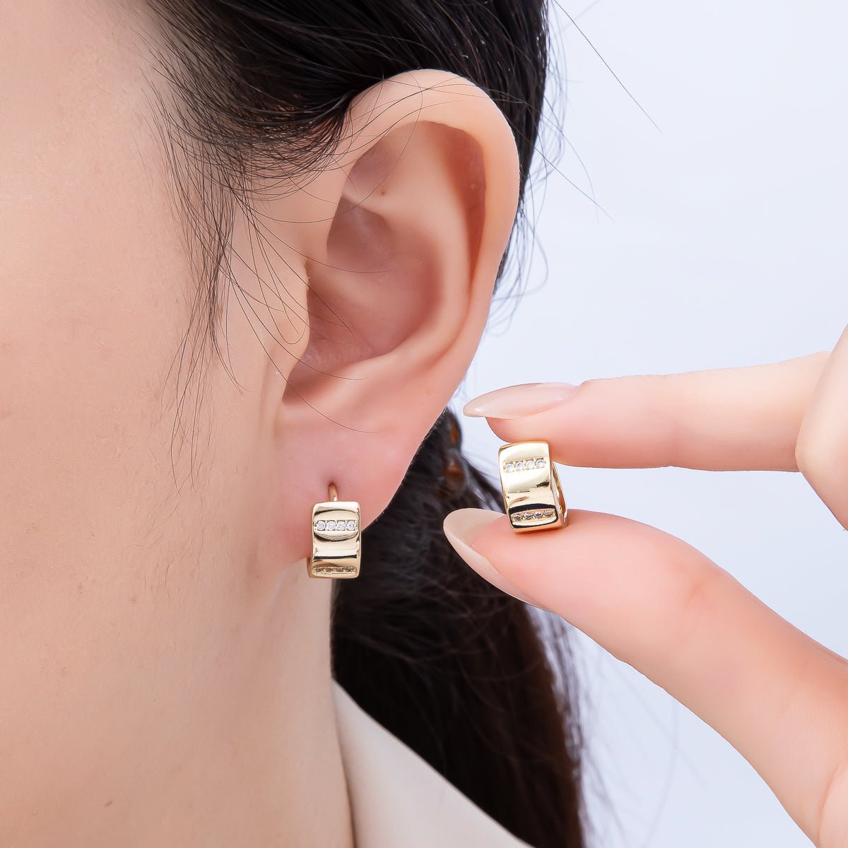 14K Gold Filled 14mm Micro Paved CZ Linear Huggie Earrings | Earrings - 00355 - DLUXCA