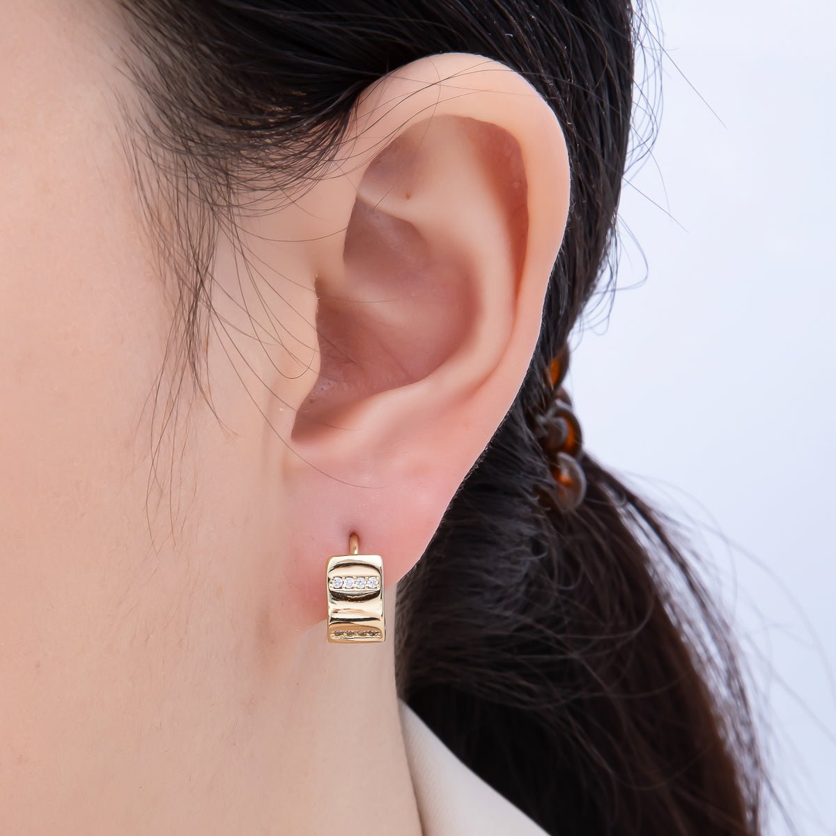 14K Gold Filled 14mm Micro Paved CZ Linear Huggie Earrings | Earrings - 00355 - DLUXCA