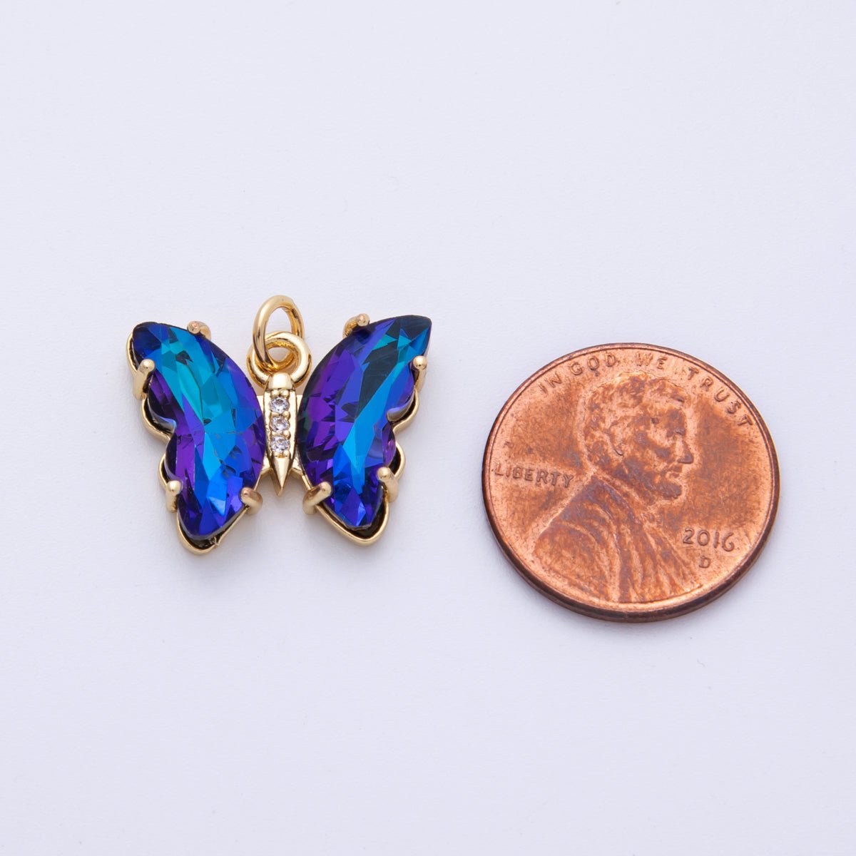 14K Gold Filled 15mm Blue Acrylic Micro Paved CZ Butterfly Charm | E848 - DLUXCA