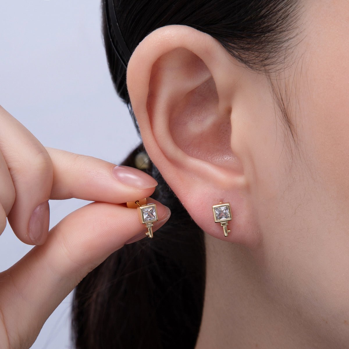 14K Gold Filled 15mm Clear CZ Baguette Square Key Stud Earrings | Earrings - 00030 - DLUXCA