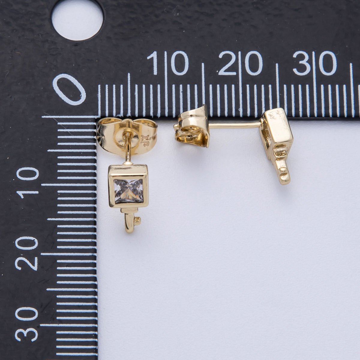 14K Gold Filled 15mm Clear CZ Baguette Square Key Stud Earrings | Earrings - 00030 - DLUXCA