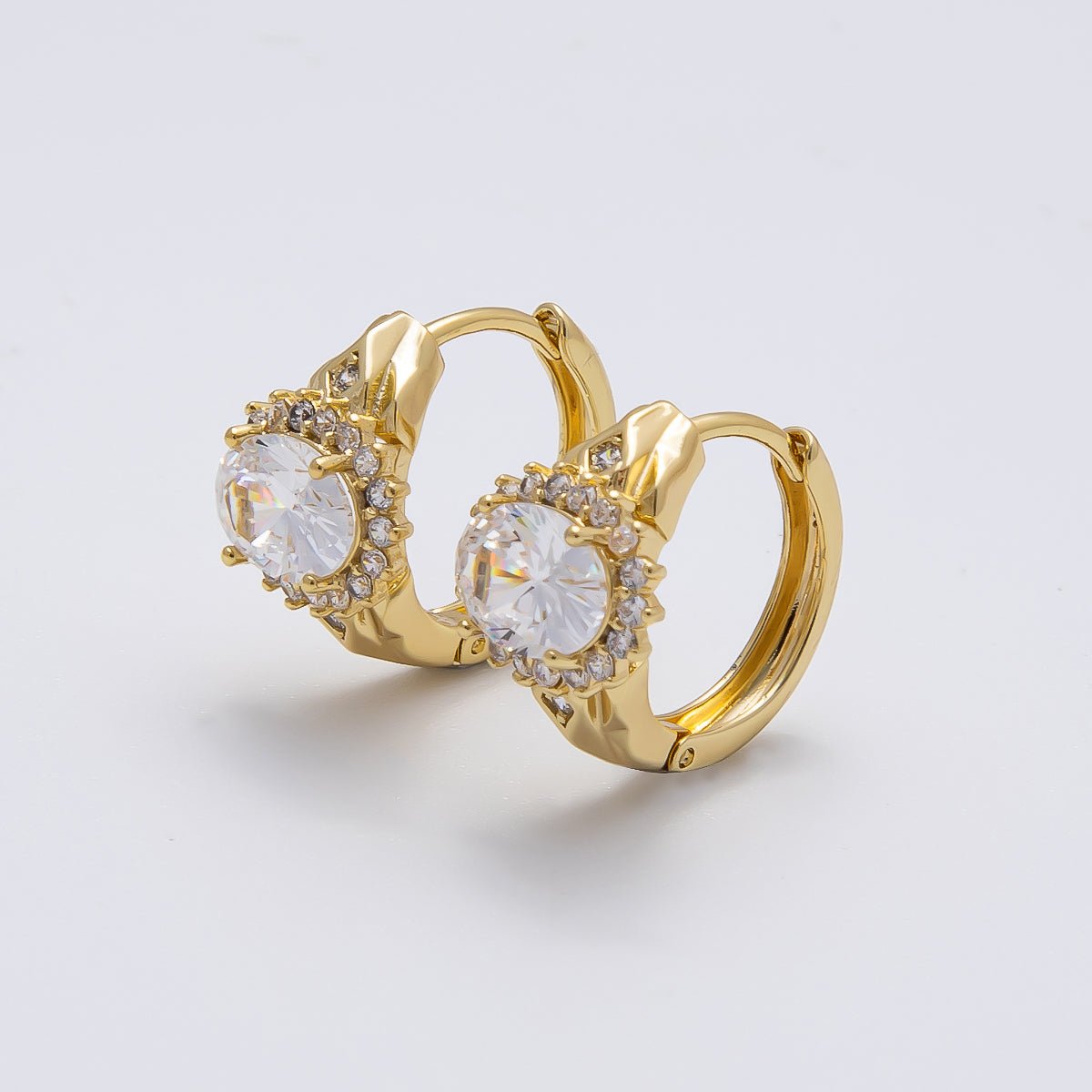 14K Gold Filled 15mm Clear CZ Round Flower Hammered Geometric Hoop Earrings | Earrings - 00270 - DLUXCA