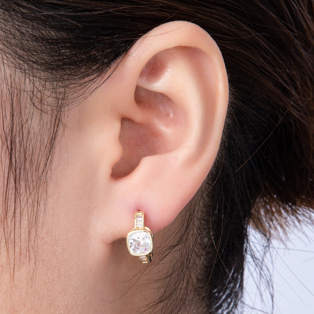 14K Gold Filled 15mm Clear CZ Square Solitaire Baguette Paved Hoop Earrings | Earrings - 00148 - DLUXCA