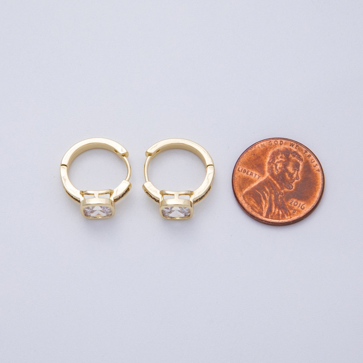 14K Gold Filled 15mm Clear CZ Square Solitaire Baguette Paved Hoop Earrings | Earrings - 00148 - DLUXCA