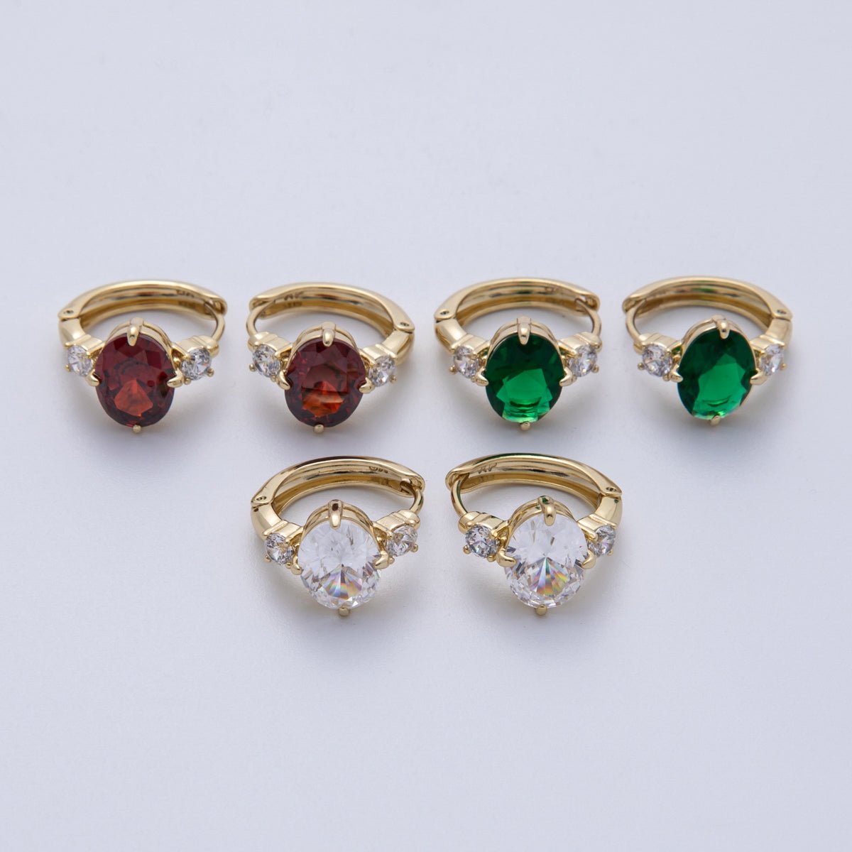 14K Gold Filled 15mm Clear, Green, and Red Oval Solitaire CZ Hoop Earrings | Earrings - 00145 - Earrings - 00147 - DLUXCA