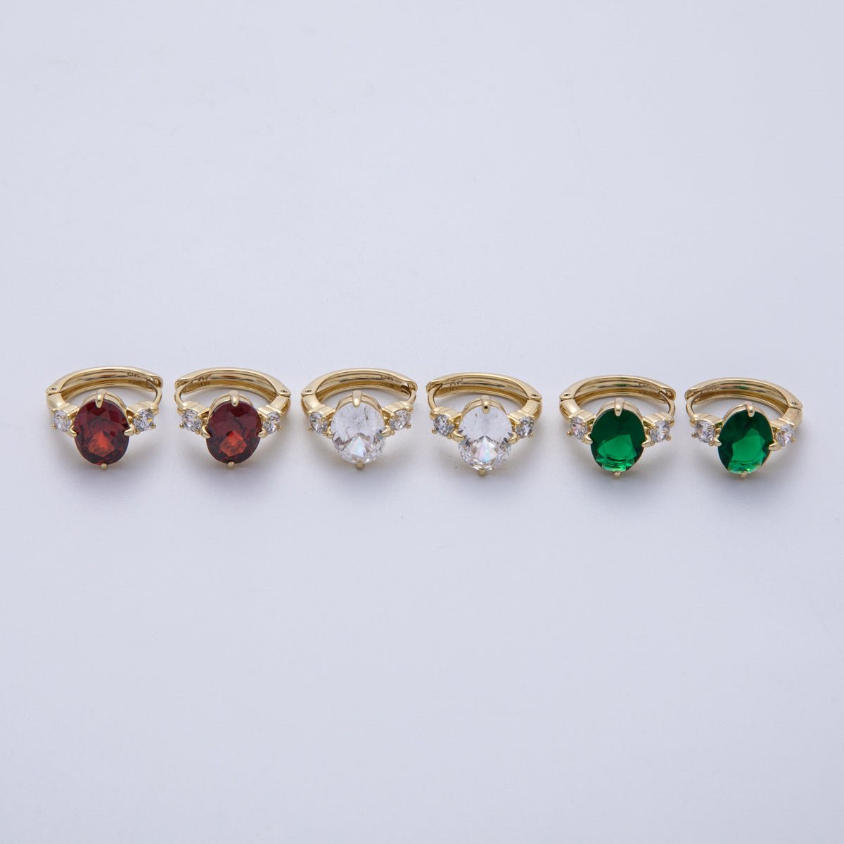 14K Gold Filled 15mm Clear, Green, and Red Oval Solitaire CZ Hoop Earrings | Earrings - 00145 - Earrings - 00147 - DLUXCA