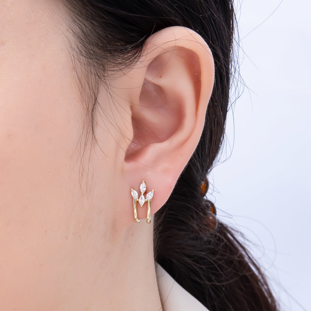 14K Gold Filled 15mm Clear Marquise CZ Claw J - Shaped Hoop Earrings | Earrings - 00273 - DLUXCA