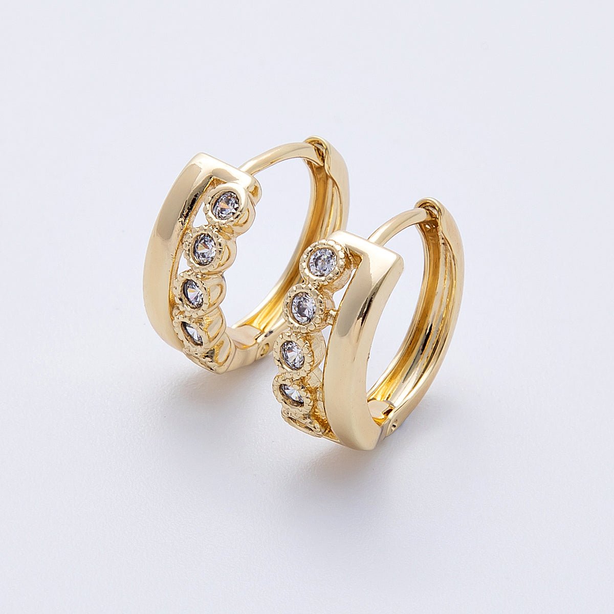 14K Gold Filled 15mm Clear Round CZ Double Band Huggie Earrings | Earrings - 00173 - DLUXCA