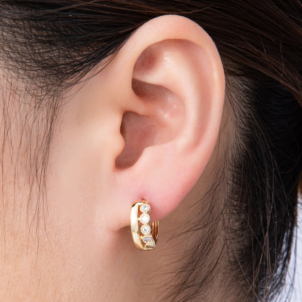 14K Gold Filled 15mm Clear Round CZ Double Band Huggie Earrings | Earrings - 00173 - DLUXCA