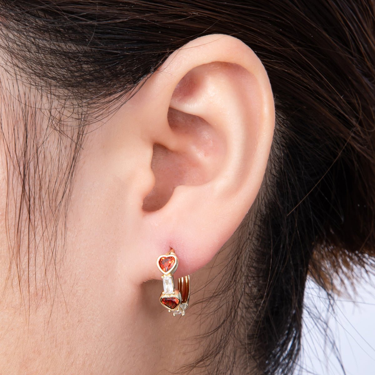 14K Gold Filled 15mm CZ Baguette Red Heart Huggie Earrings | Earrings - 00133 - DLUXCA