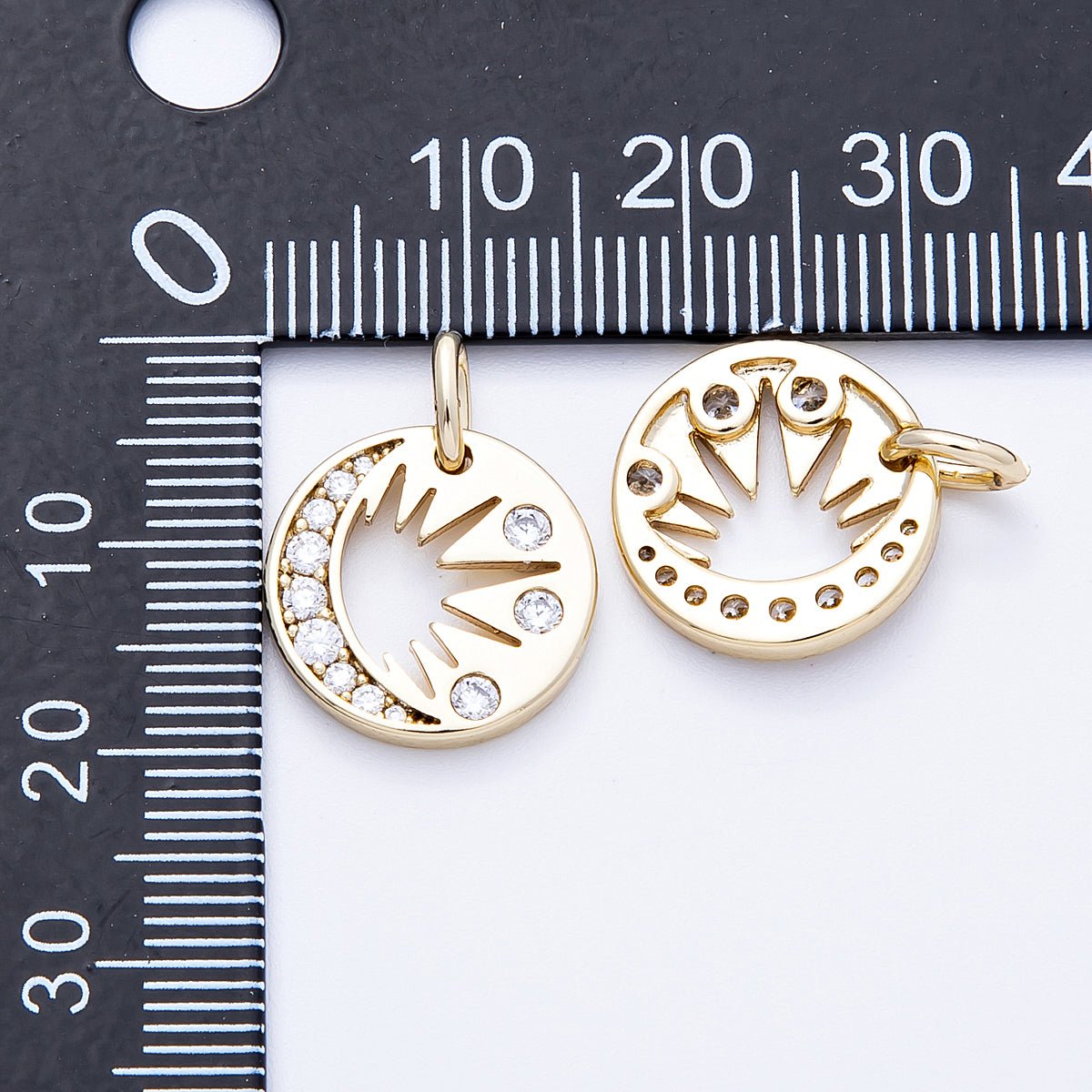14K Gold Filled 15mm Micro Paved CZ Celestial Moon Sun Round Charm | Charms - 000328 - DLUXCA