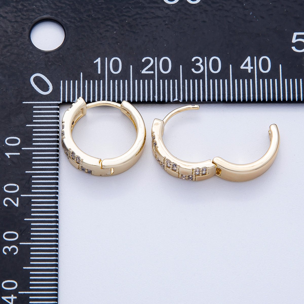 14K Gold Filled 15mm Micro Paved CZ Checkered Huggie | EARRINGS - 00249 - DLUXCA