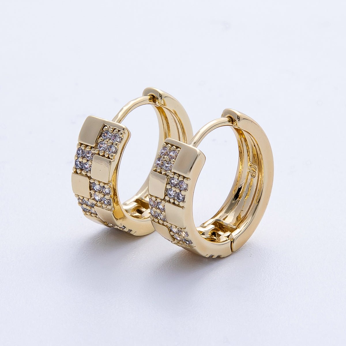 14K Gold Filled 15mm Micro Paved CZ Checkered Huggie | EARRINGS - 00249 - DLUXCA