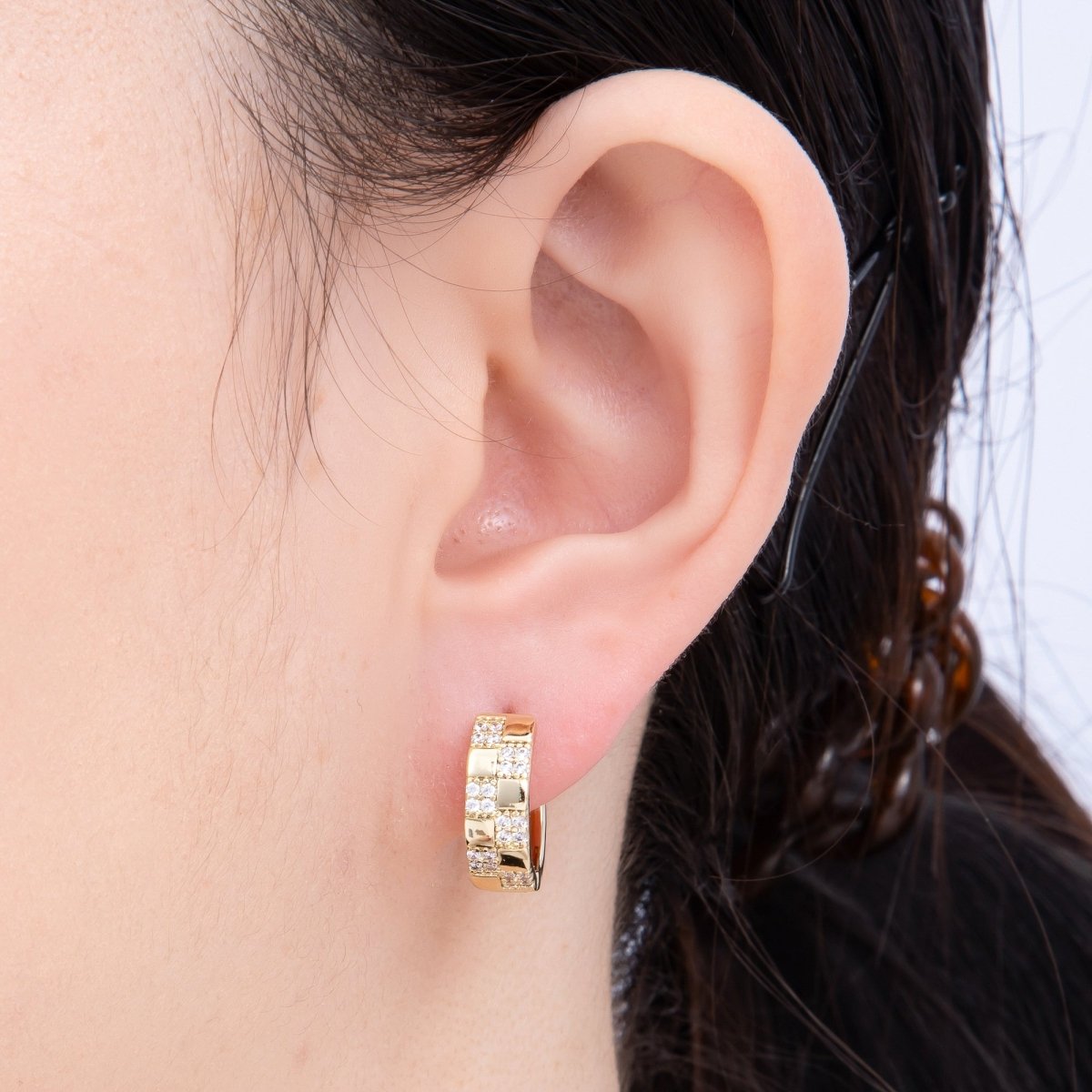 14K Gold Filled 15mm Micro Paved CZ Checkered Huggie | EARRINGS - 00249 - DLUXCA